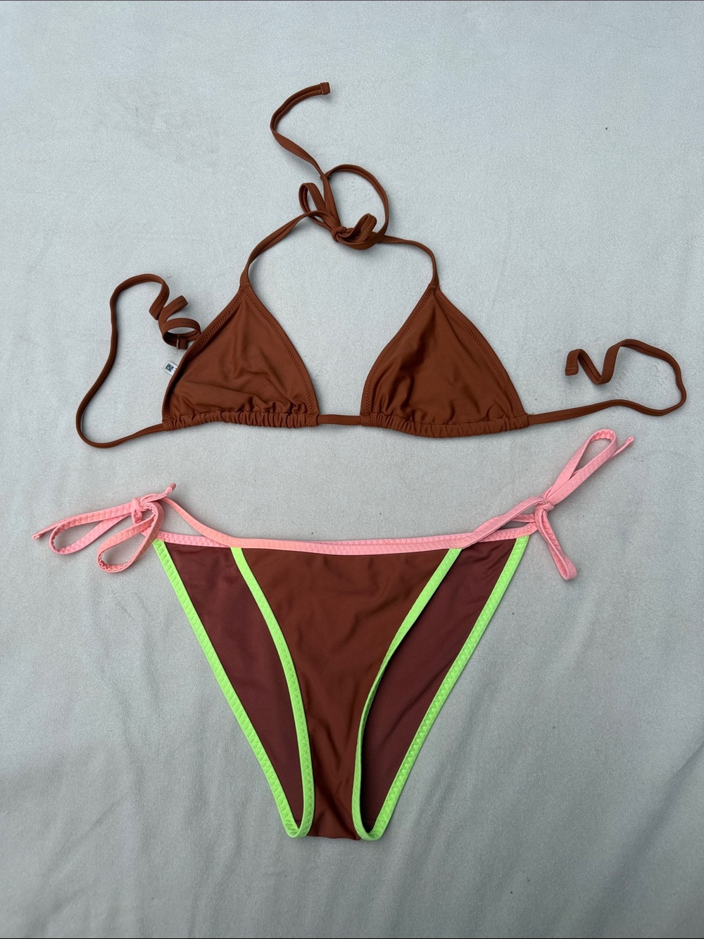 Aerie Brown Triangle Bikini Set with Pink & Lime Trim